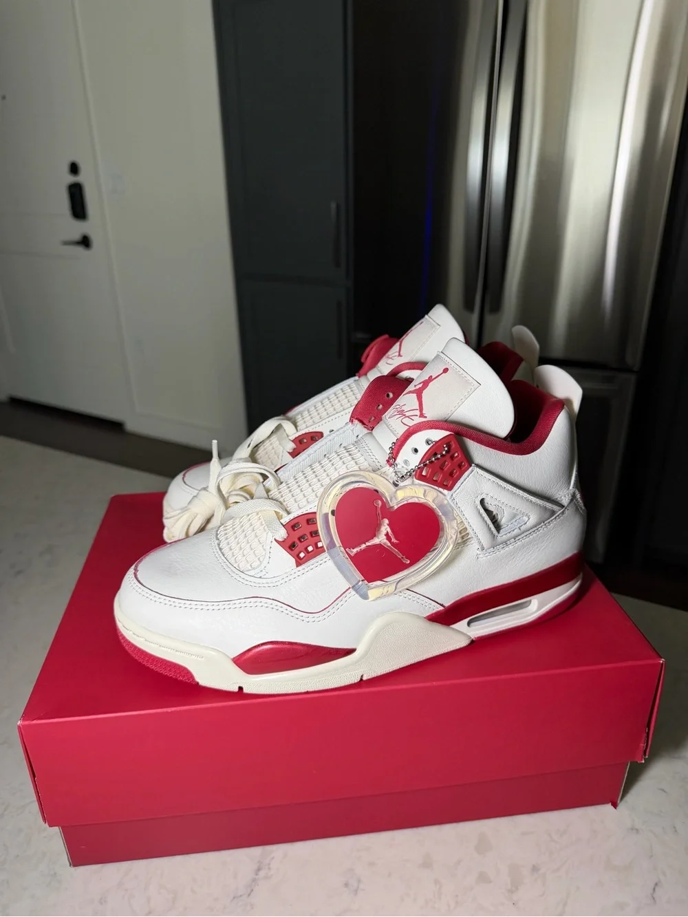 Nike Air Jordan 4 Retro White/Red Women's Sneakers with Heart Hangtag